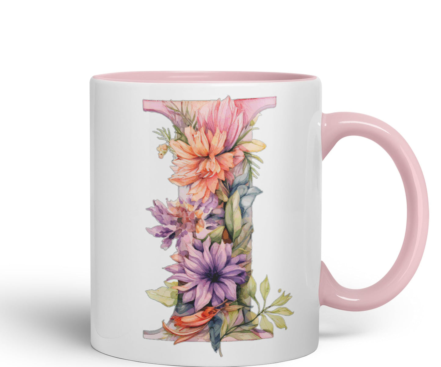 Letter I mug, Floral flowers butterfly Alphabet Letter I Monogram watercolour Ceramic Coloured Mug Cup for Tea Coffee Hot brew 330ml 11Oz Gift