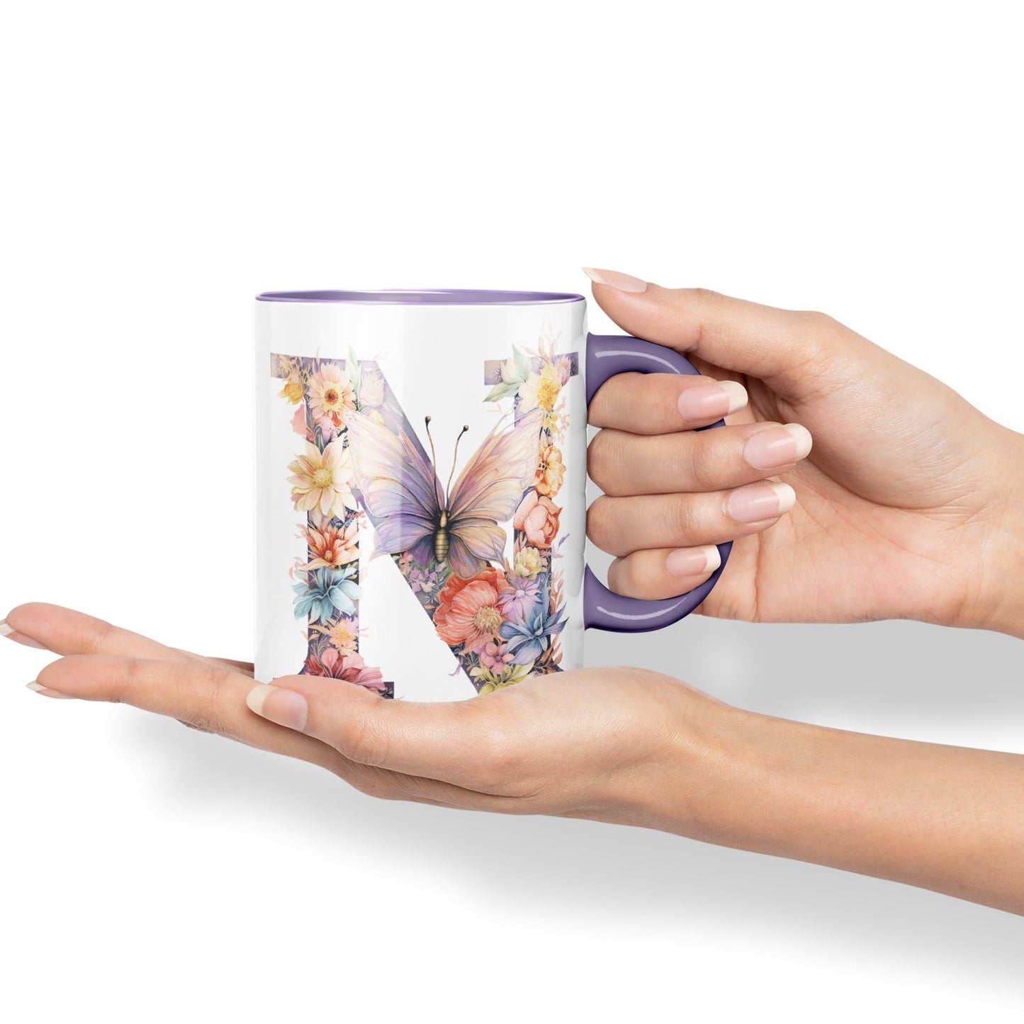 Letter N mug, Floral flowers butterfly Alphabet Letter N Monogram watercolour Ceramic Coloured Mug Cup for Tea Coffee Hot brew 330ml 11Oz Gift