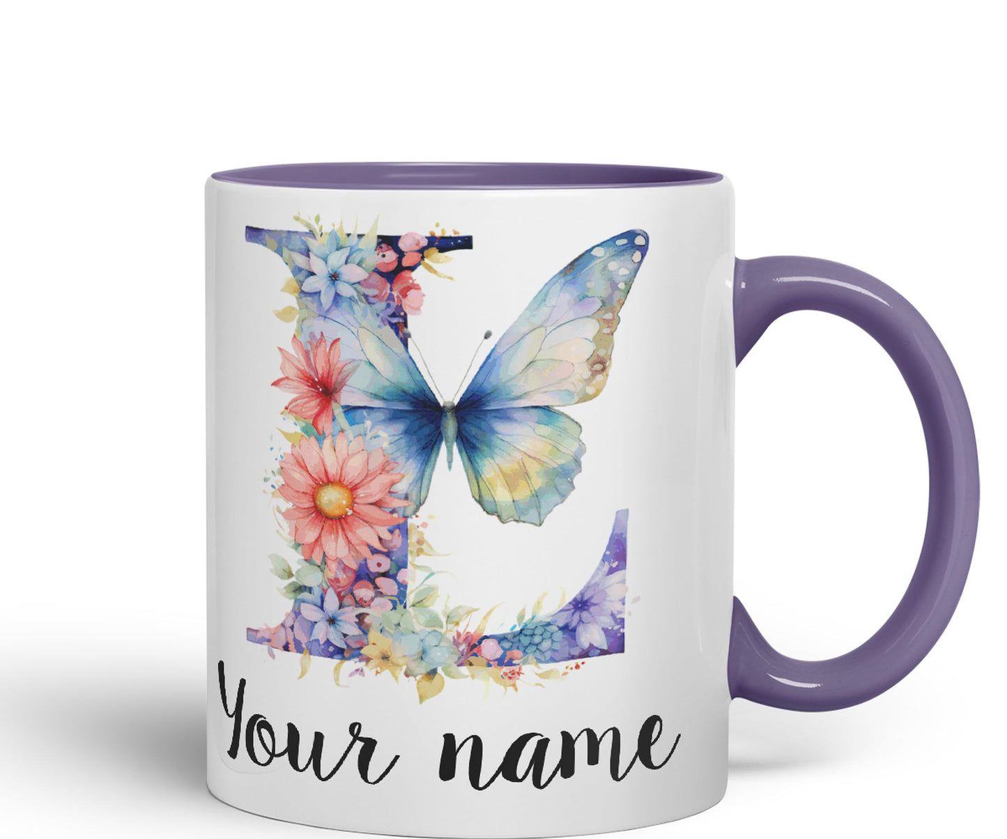 Personalised Letter L mug, Customized Custom Floral flowers butterfly Alphabet Letter L Monogram watercolour Ceramic Coloured Mug Cup for Tea Coffee Hot brew 330ml 11Oz Gift