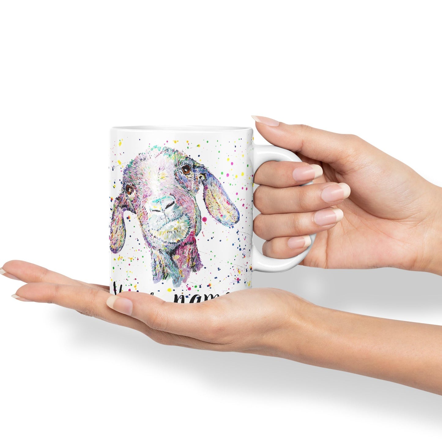 Vixar Personalised with Your Text Goat Farm Animals Watercolour Art Coloured Ceramic Mug Cup Gift 330ml 11oz Custom Work Office Tea Coffee