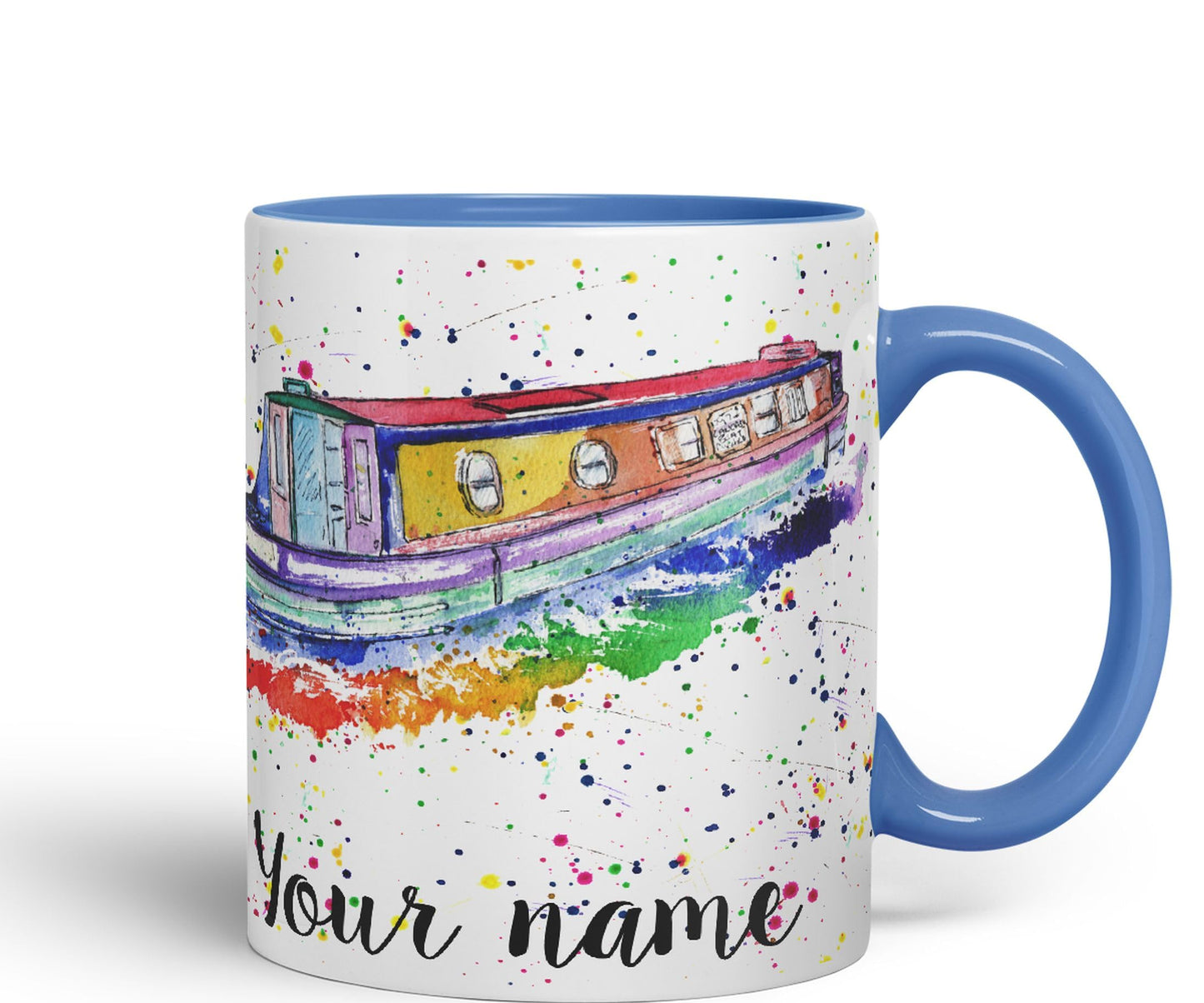 Vixar Personalised with Your Text Narrowboat Canal Boat Watercolour Art Coloured Ceramic Mug Cup Gift 330ml 11oz Custom Work Office Tea Coffee