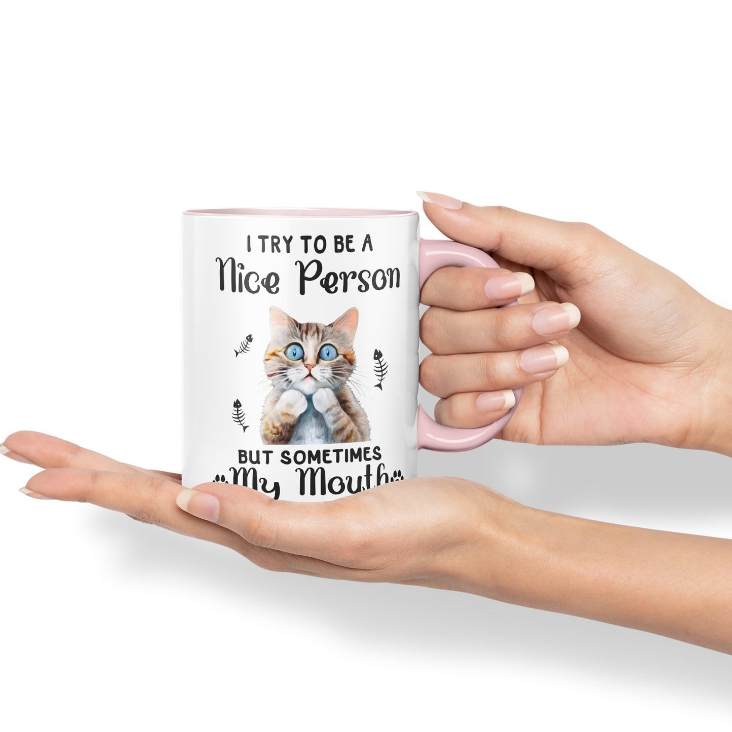 Vixar I Try to be a Nice Person but Sometimes My Mouth .. Cats Sarcastic Joke Ceramic Coloured Mug Cup for Tea Coffee Hot Brew 330ml 11Oz