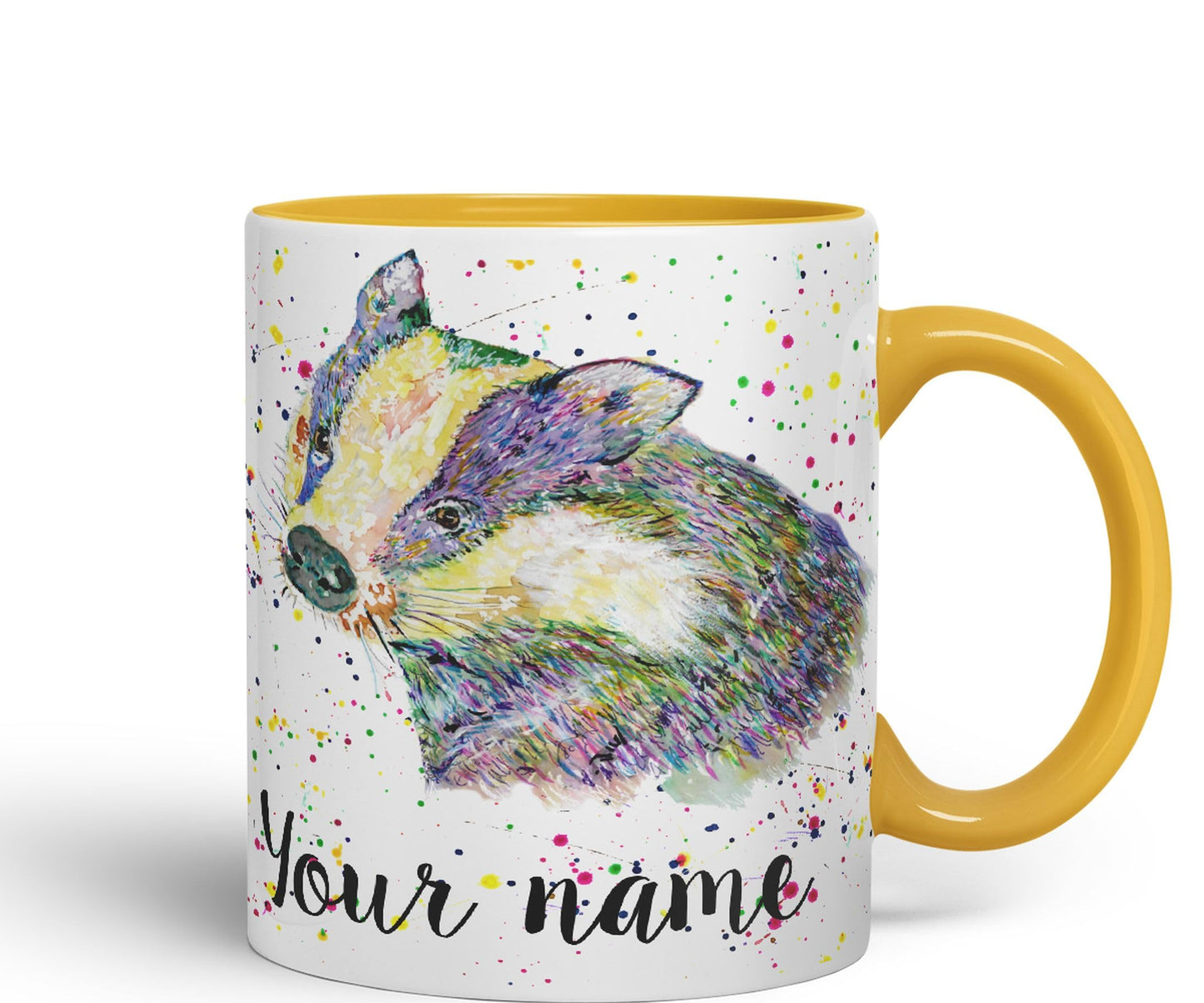 Personalised mug with Your Text name Badger animals Watercolour Art Coloured Ceramic Mug Cup Gift 330ml 11oz Custom Work Office Tea Coffee