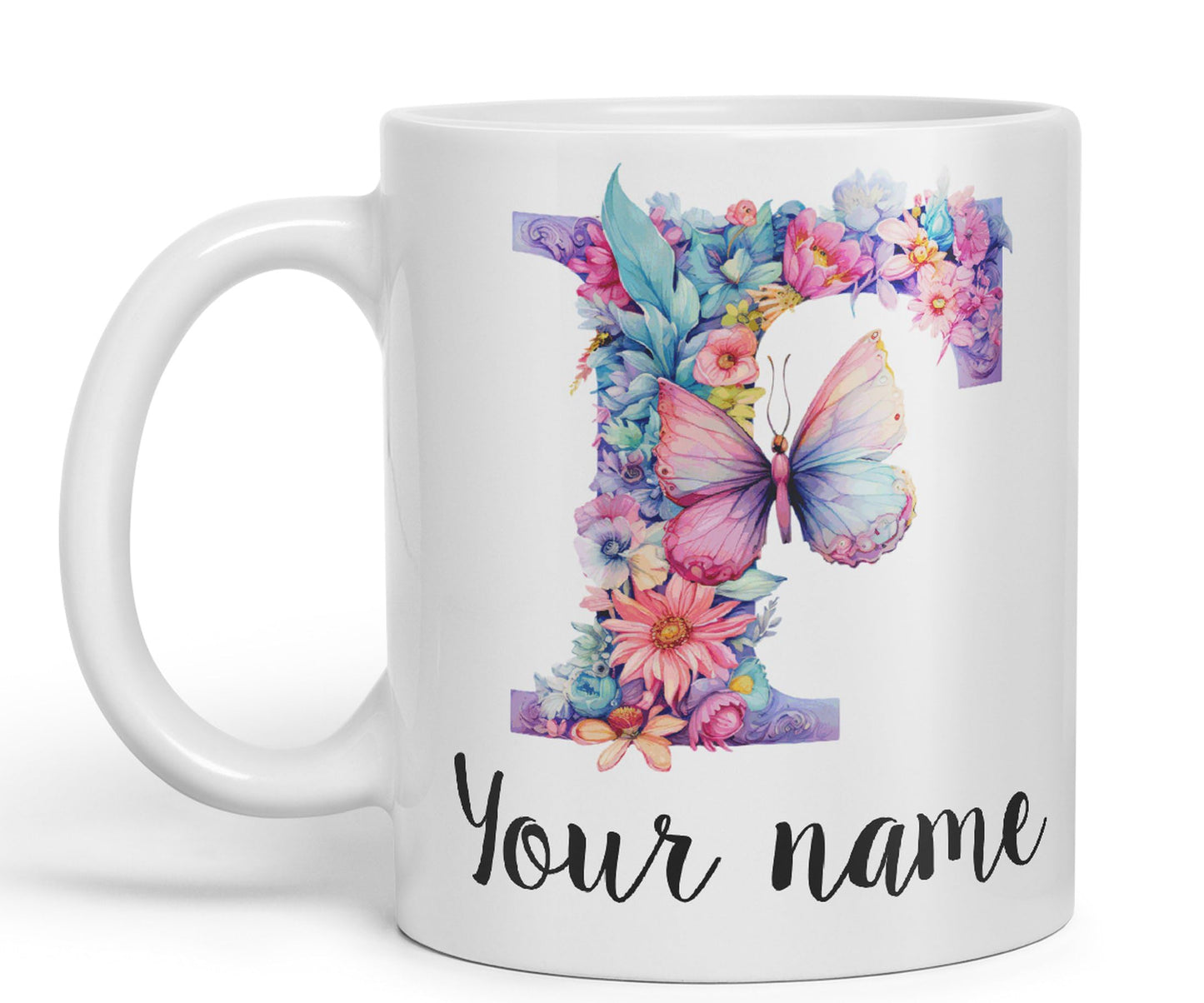 Personalised Letter F mug, Customized Custom Floral flowers butterfly Alphabet Letter F Monogram watercolour Ceramic Coloured Mug Cup for Tea Coffee Hot brew 330ml 11Oz Gift