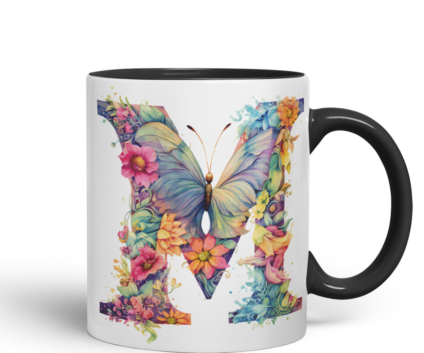 Letter M mug, Floral flowers butterfly Alphabet Letter M Monogram watercolour Ceramic Coloured Mug Cup for Tea Coffee Hot brew 330ml 11Oz Gift