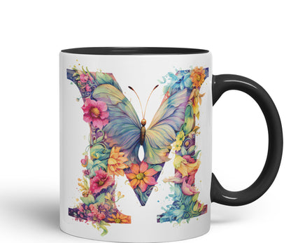 Letter M mug, Floral flowers butterfly Alphabet Letter M Monogram watercolour Ceramic Coloured Mug Cup for Tea Coffee Hot brew 330ml 11Oz Gift