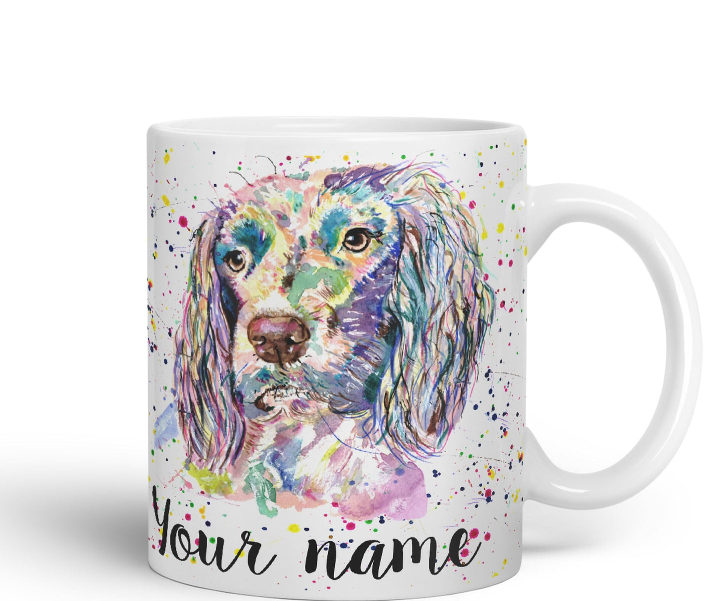 Vixar Personalised with Your Text Spaniel Springer Dog Pet Animals Watercolour Art Coloured Ceramic Mug Cup Gift 330ml 11oz Custom Work Office Tea Coffee (O2)