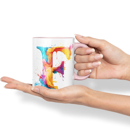 Letter F mug, Alphabet Letter F Monogram watercolour Ceramic Coloured Mug Cup for Tea Coffee Hot brew 330ml 11Oz Gift