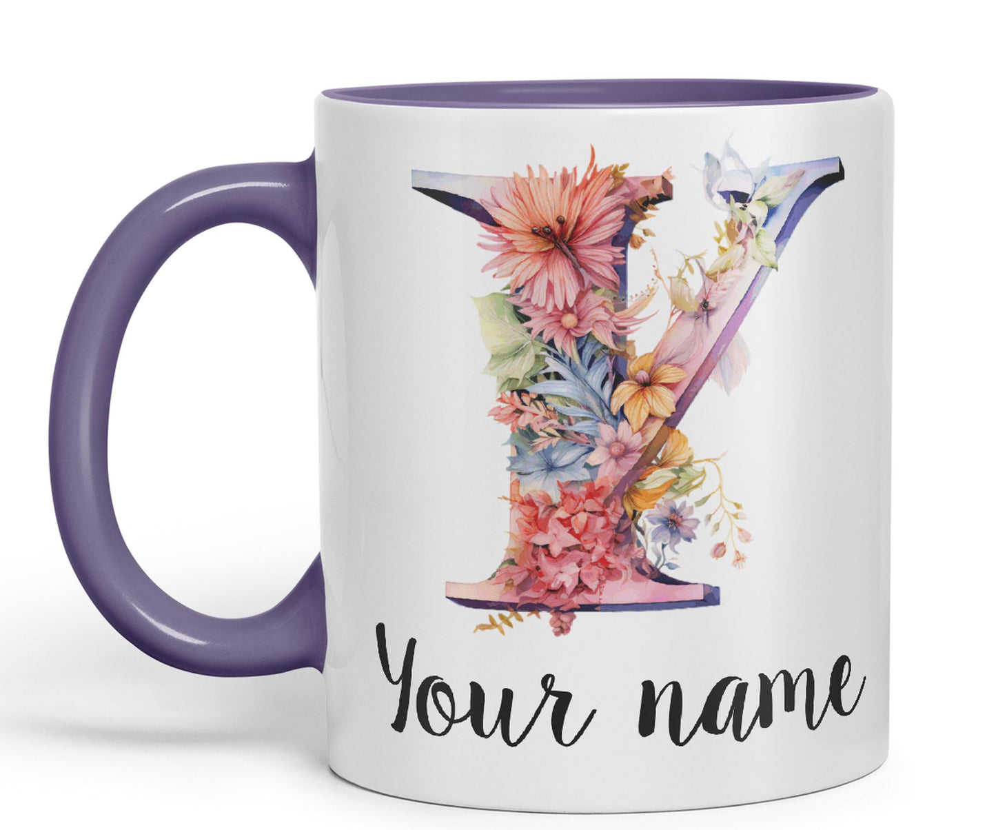 Personalised Letter Y mug, Customized Custom Floral flowers butterfly Alphabet Letter Y Monogram watercolour Ceramic Coloured Mug Cup for Tea Coffee Hot brew 330ml 11Oz Gift