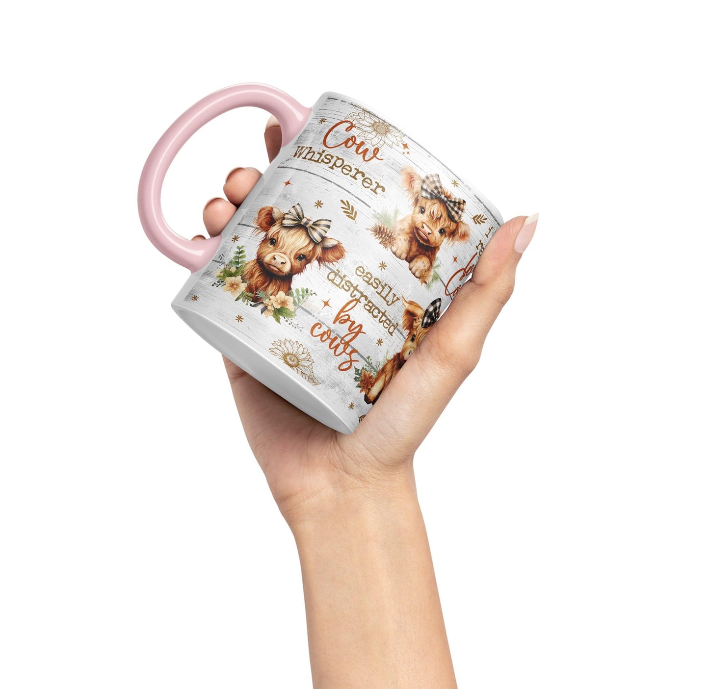 Easily Distracted by Baby Cow Whisperer I just Realy Love Cow Highland Scottish Farm Animals Ceramic Coloured Mug Cup for Tea Coffee Hot Brew 330ml 11Oz Gift