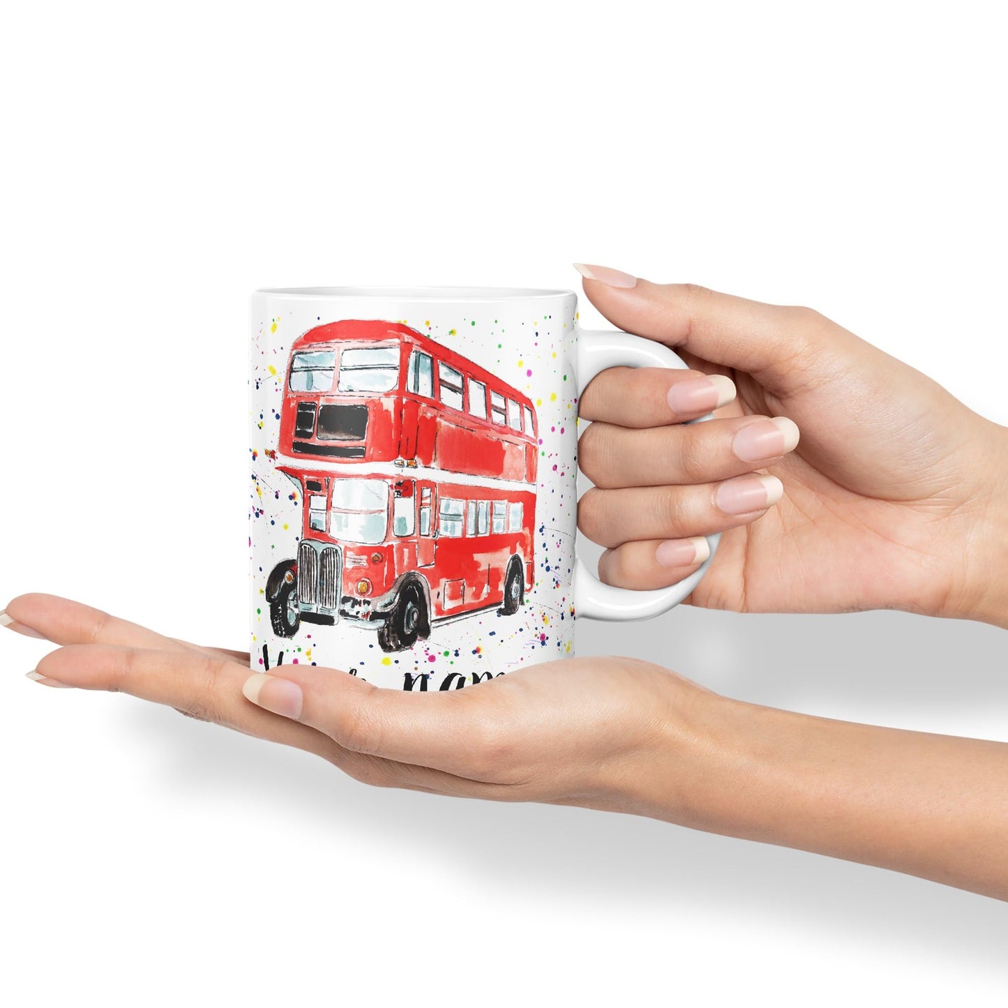 Vixar Personalised with Your Text Red Bus Classic London Busses Watercolour Art Coloured Ceramic Mug Cup Gift 330ml 11oz Custom Work Office Tea Coffe