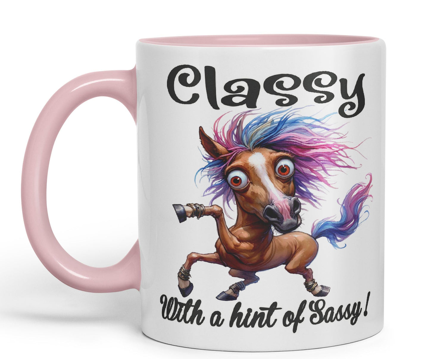 Classy with a hint of Sassy! Horse cat Joke sarkasm Sarcastic Ceramic Coloured Mug Cup for Tea Coffee Hot Brew 330ml 11Oz Gift