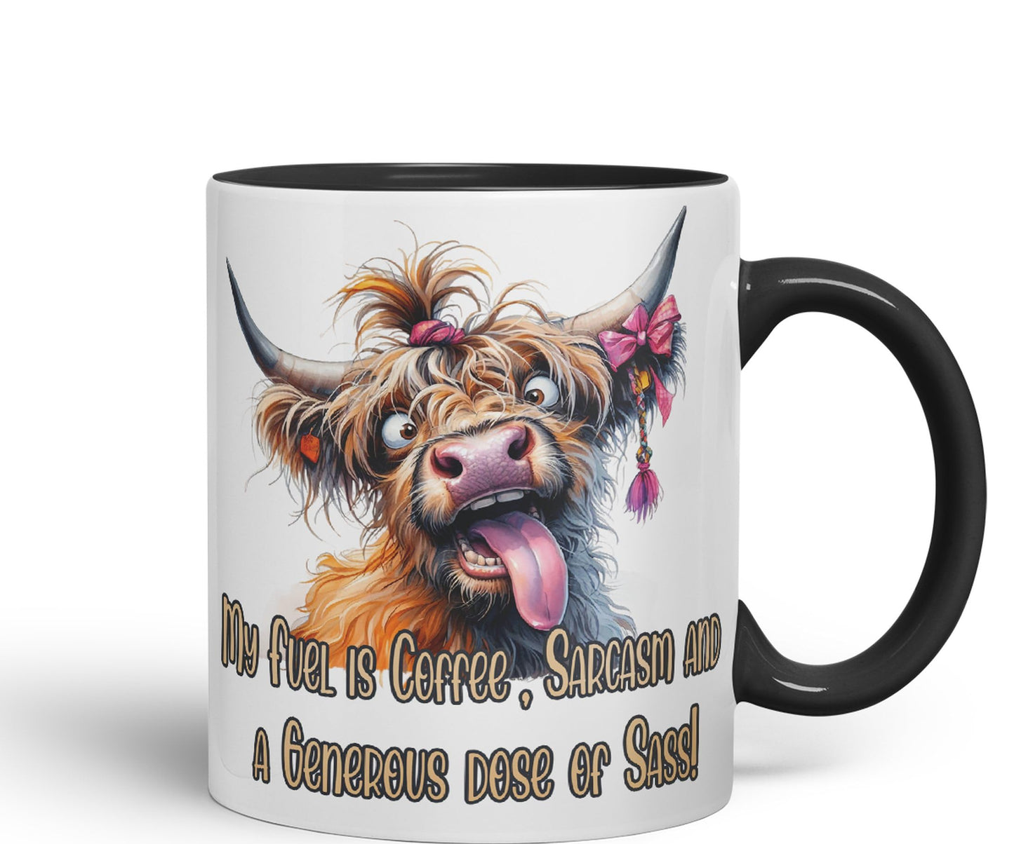 My Fuel is Coffee, Sarcasm and a Generous dose of Sass! Cow higland Joke sarkasm Sarcastic Ceramic Coloured Mug Cup for Tea Coffee Hot Brew 330ml 11Oz Gift