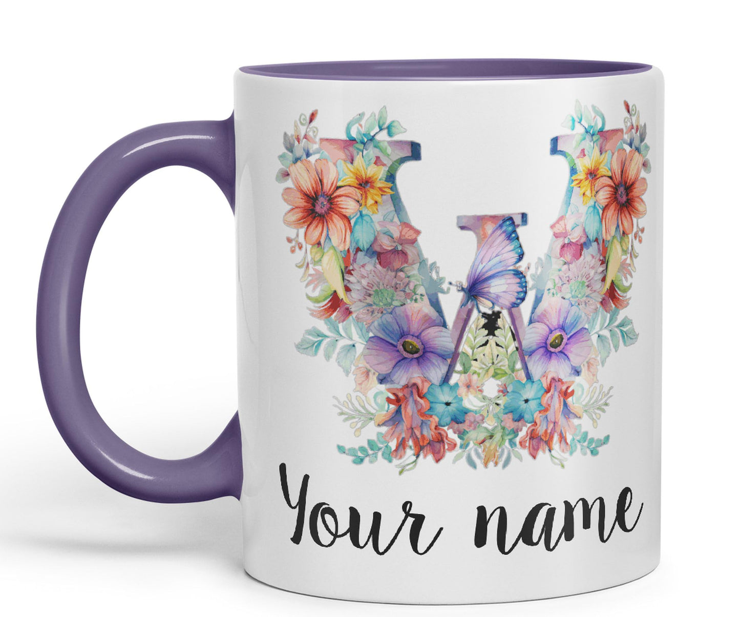 Personalised Letter W mug, Customized Custom Floral flowers butterfly Alphabet Letter W Monogram watercolour Ceramic Coloured Mug Cup for Tea Coffee Hot brew 330ml 11Oz Gift