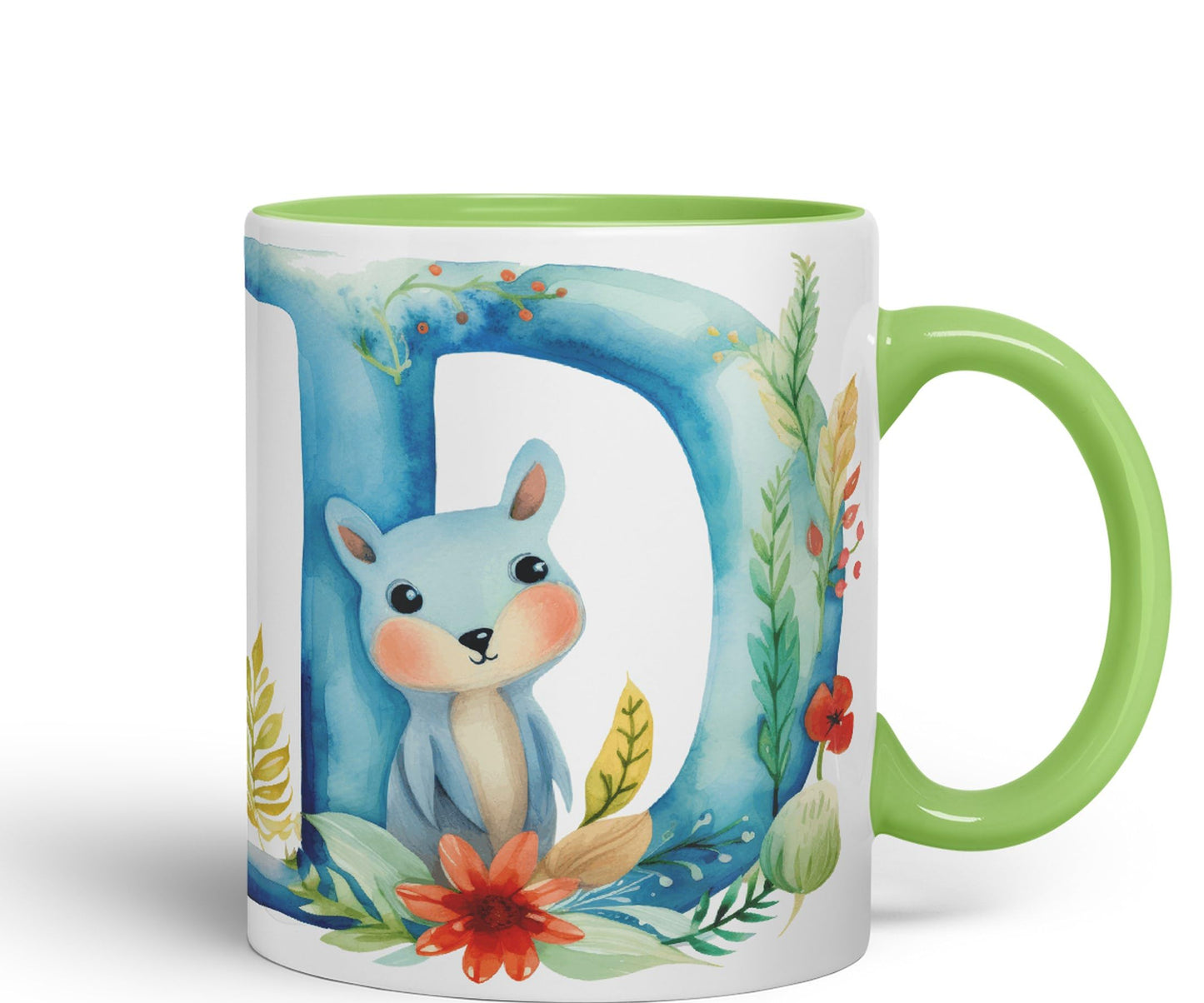 Letter D mug, Animals Alphabet Letter D Monogram animal for kids Ceramic Coloured Mug Cup for Tea Coffee Hot brew 330ml 11Oz Gift