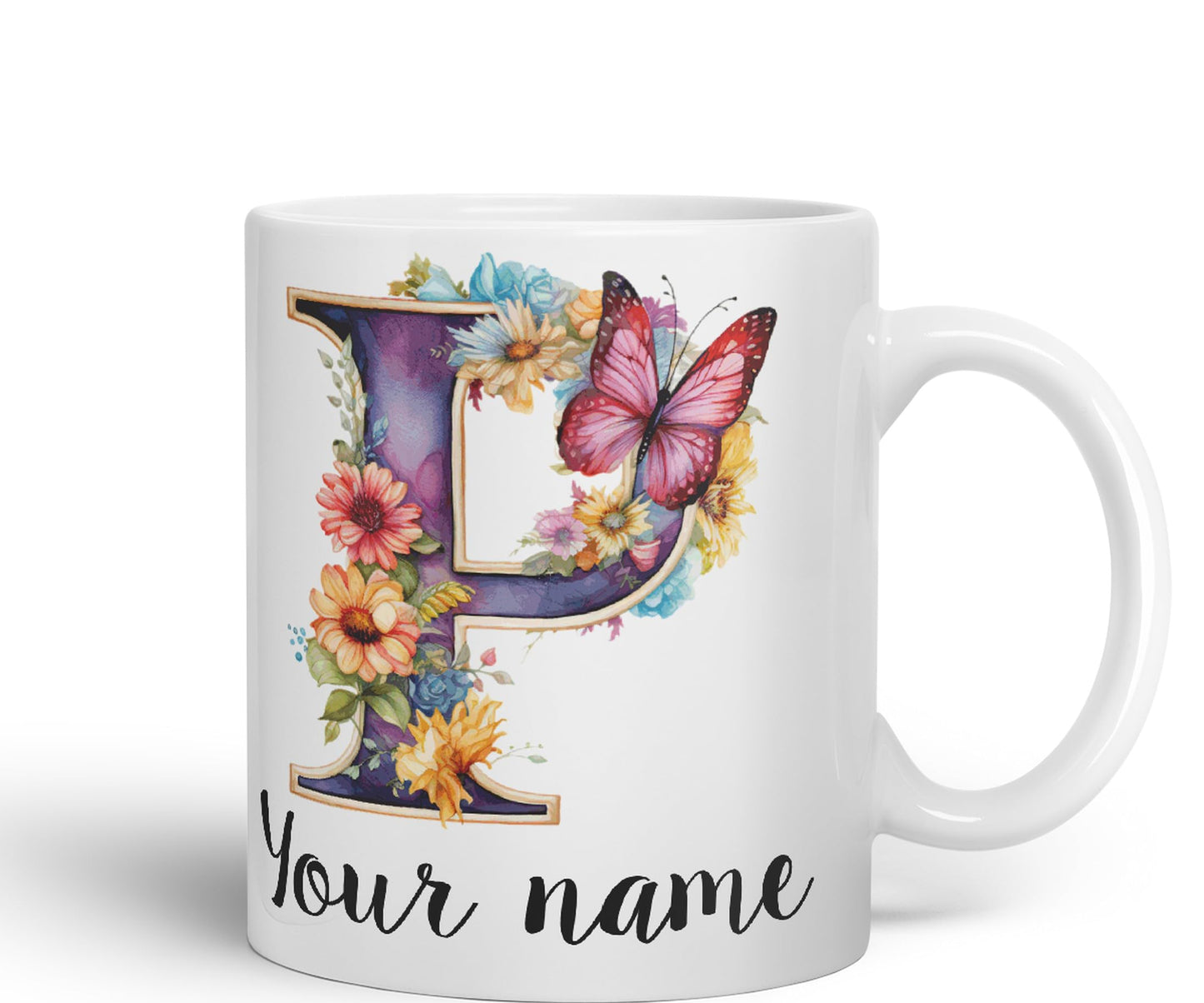 Personalised Letter P mug, Customized Custom Floral flowers butterfly Alphabet Letter P Monogram watercolour Ceramic Coloured Mug Cup for Tea Coffee Hot brew 330ml 11Oz Gift