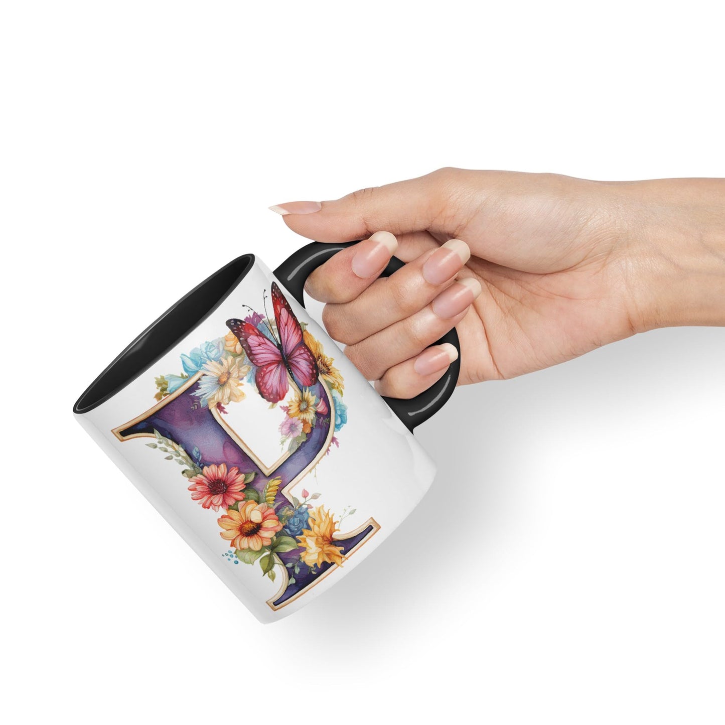 Letter P mug, Floral flowers butterfly Alphabet Letter P Monogram watercolour Ceramic Coloured Mug Cup for Tea Coffee Hot brew 330ml 11Oz