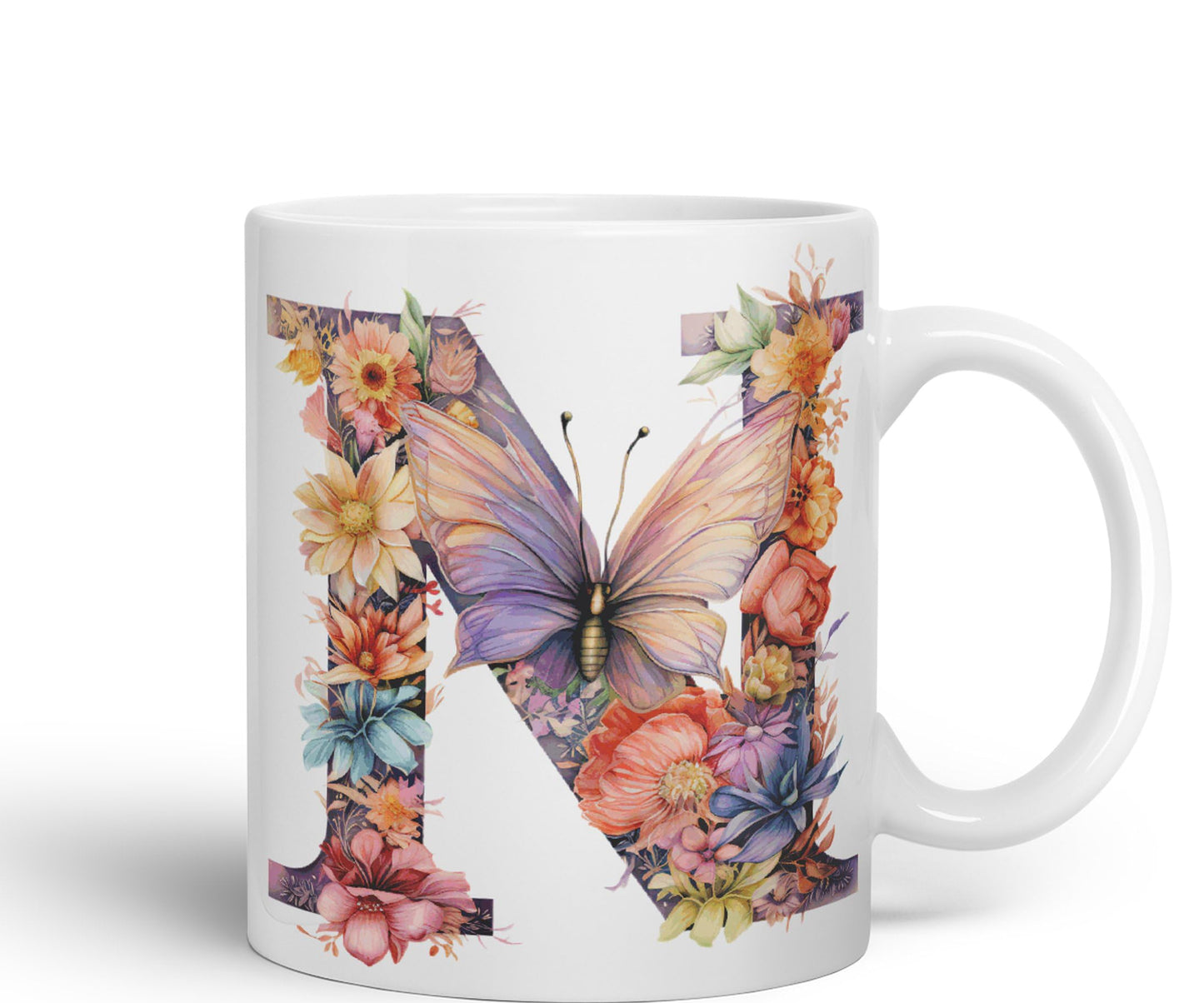 Letter N mug, Floral flowers butterfly Alphabet Letter N Monogram watercolour Ceramic Coloured Mug Cup for Tea Coffee Hot brew 330ml 11Oz Gift