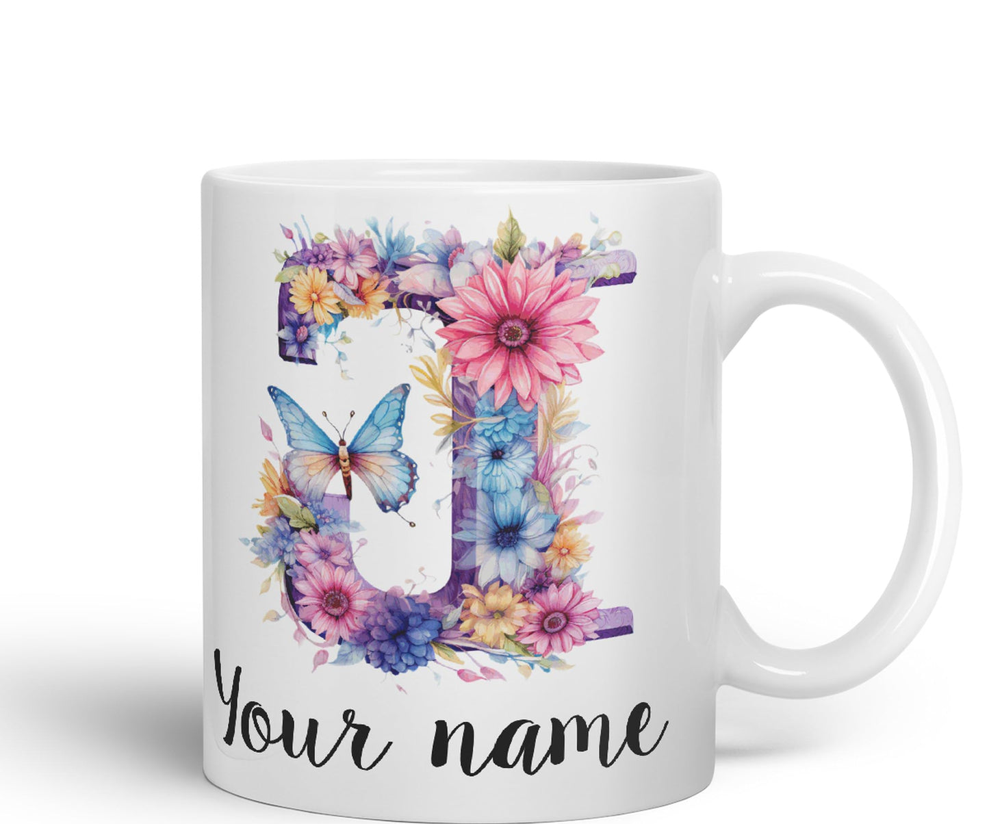 Personalised Letter J mug, Customized Custom Floral flowers butterfly Alphabet Letter J Monogram watercolour Ceramic Coloured Mug Cup for Tea Coffee Hot brew 330ml 11Oz Gift