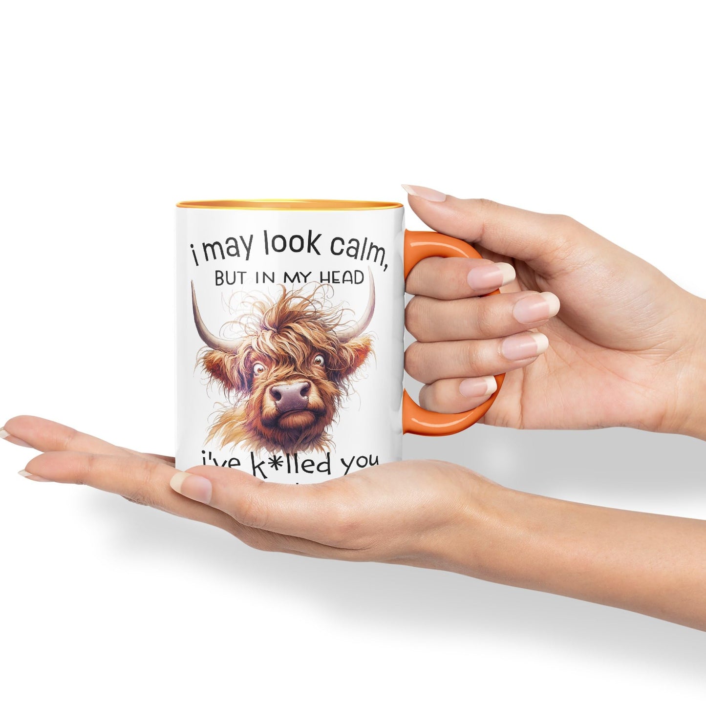 I May Look Calm, but in My Head I've k*lled You Three Times Highland Cow Joke sarkasm Sarcastic Ceramic Coloured Mug Cup for Tea Coffee Hot Brew 330ml 11Oz Gift