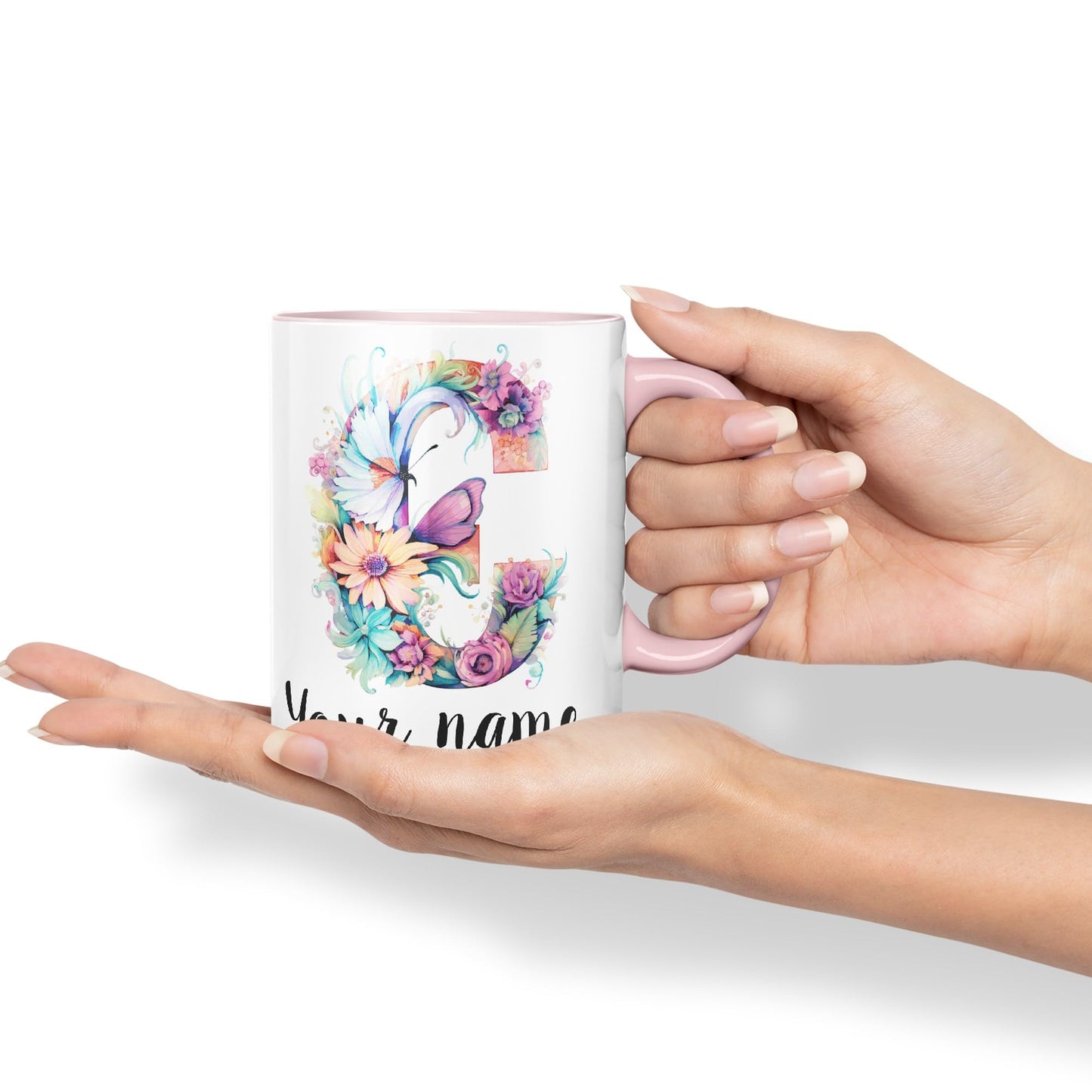 Personalised Letter C mug, Customized Custom Floral flowers butterfly Alphabet Letter C Monogram watercolour Ceramic Coloured Mug Cup for Tea Coffee Hot brew 330ml 11Oz Gift