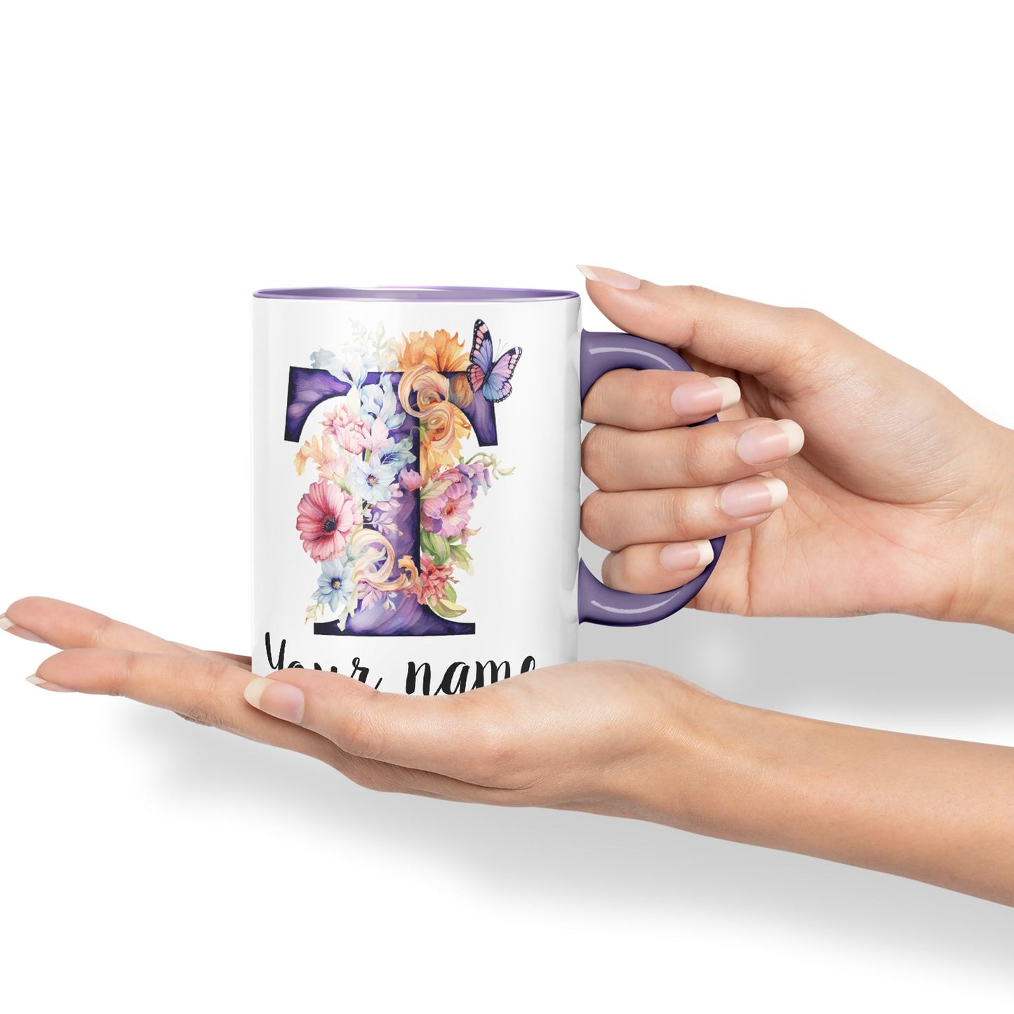 Personalised Letter T mug, Customized Custom Floral flowers butterfly Alphabet Letter T Monogram watercolour Ceramic Coloured Mug Cup for Tea Coffee Hot brew 330ml 11Oz Gift