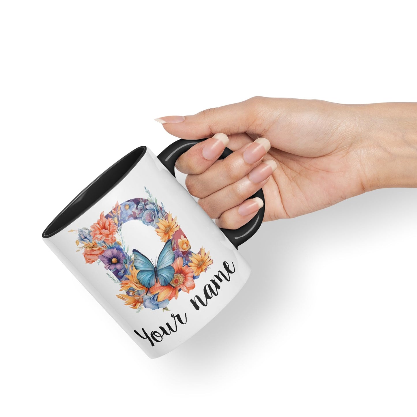 Personalised Letter Q mug, Customized Custom Floral flowers butterfly Alphabet Letter Q Monogram watercolour Ceramic Coloured Mug Cup for Tea Coffee Hot brew 330ml 11Oz Gift