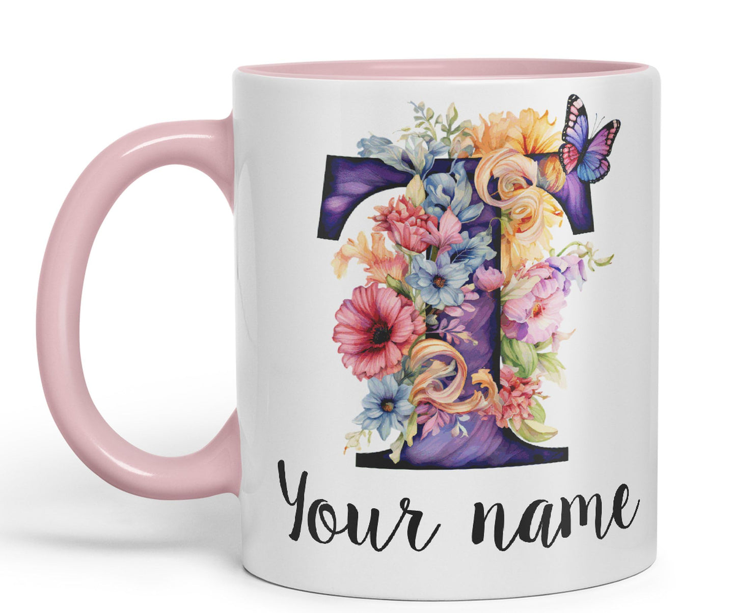 Personalised Letter T mug, Customized Custom Floral flowers butterfly Alphabet Letter T Monogram watercolour Ceramic Coloured Mug Cup for Tea Coffee Hot brew 330ml 11Oz Gift