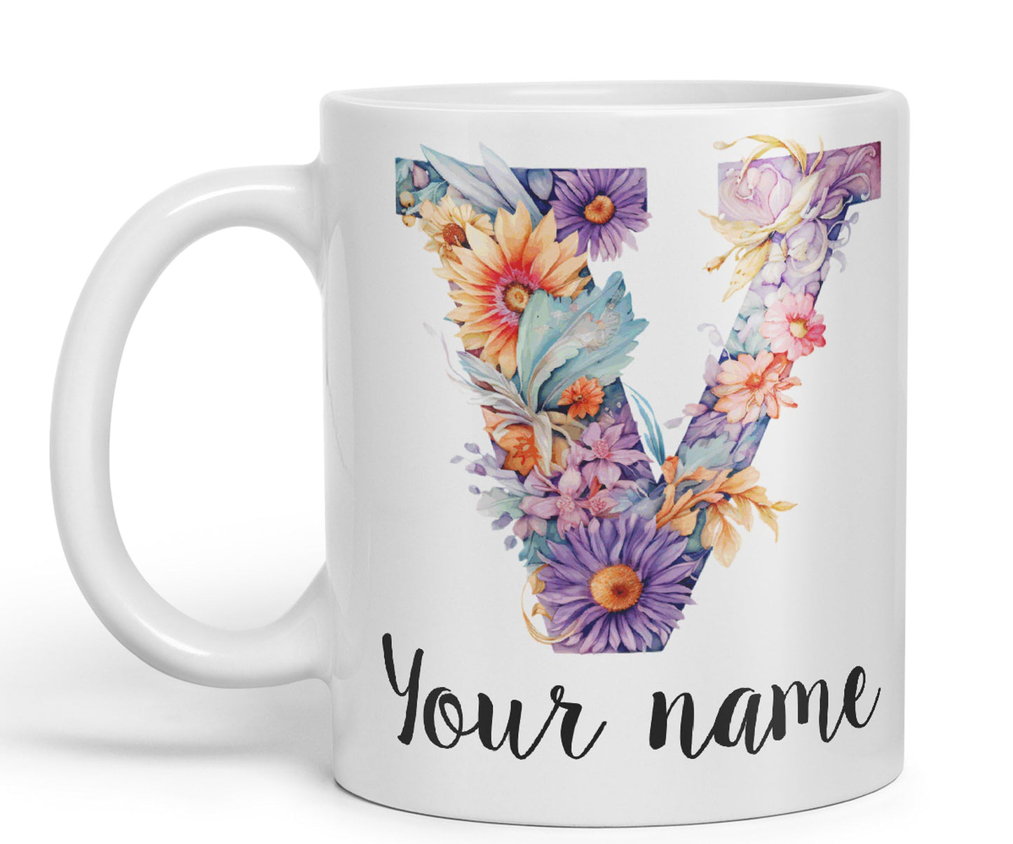 Personalised Letter V mug, Customized Custom Floral flowers butterfly Alphabet Letter V Monogram watercolour Ceramic Coloured Mug Cup for Tea Coffee Hot brew 330ml 11Oz Gift