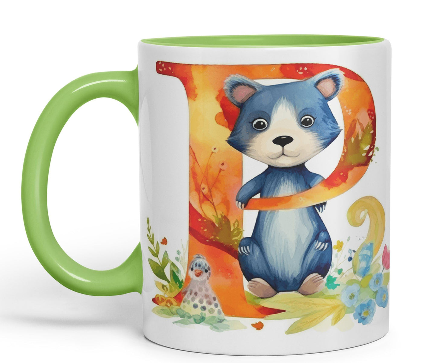 Letter P mug, Animals Alphabet Letter P Monogram animal for kids Ceramic Coloured Mug Cup for Tea Coffee Hot brew 330ml 11Oz Gift