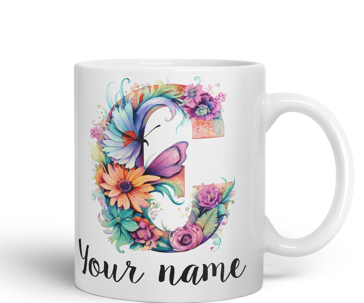 Personalised Letter C mug, Customized Custom Floral flowers butterfly Alphabet Letter C Monogram watercolour Ceramic Coloured Mug Cup for Tea Coffee Hot brew 330ml 11Oz Gift