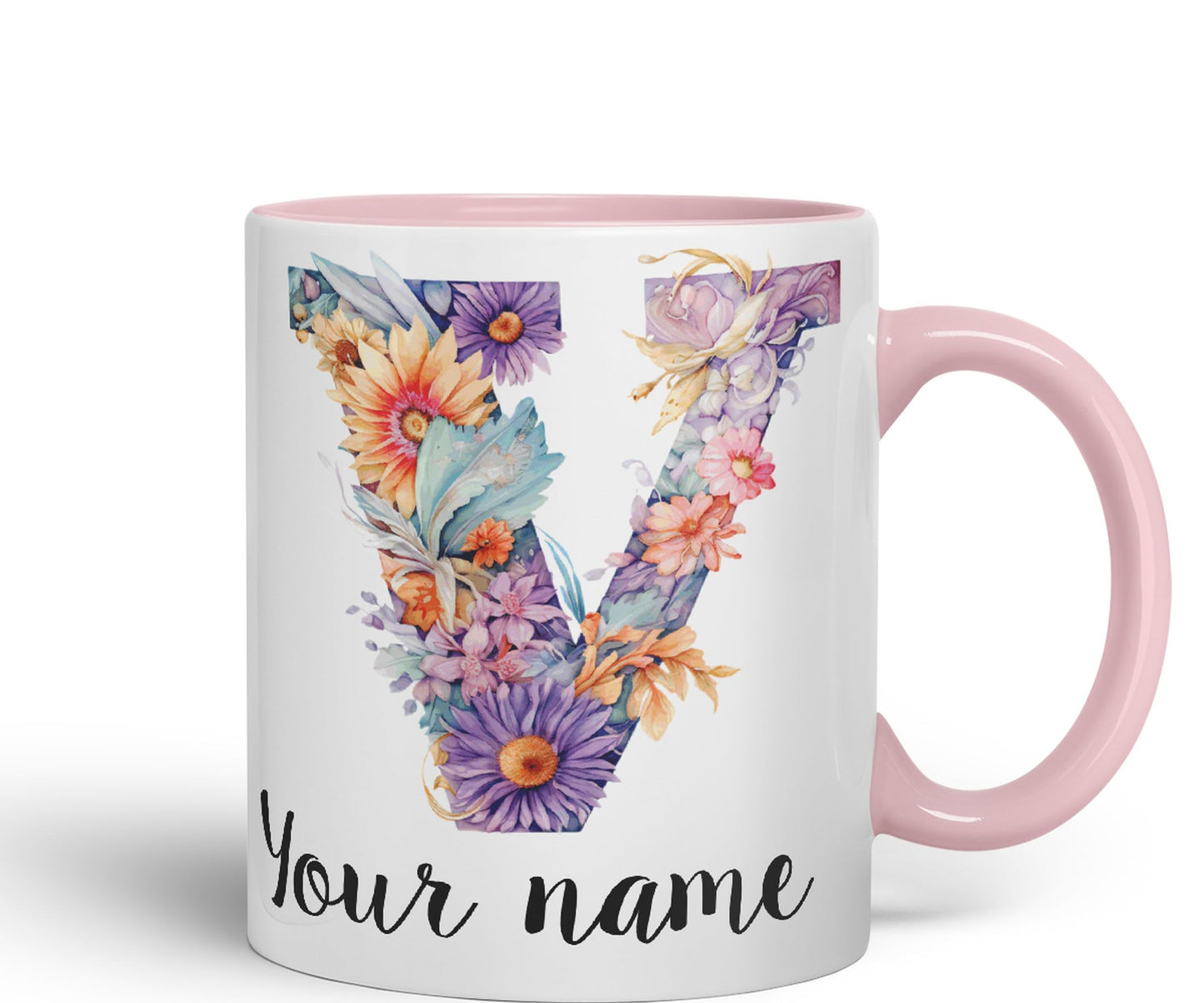 Personalised Letter V mug, Customized Custom Floral flowers butterfly Alphabet Letter V Monogram watercolour Ceramic Coloured Mug Cup for Tea Coffee Hot brew 330ml 11Oz Gift