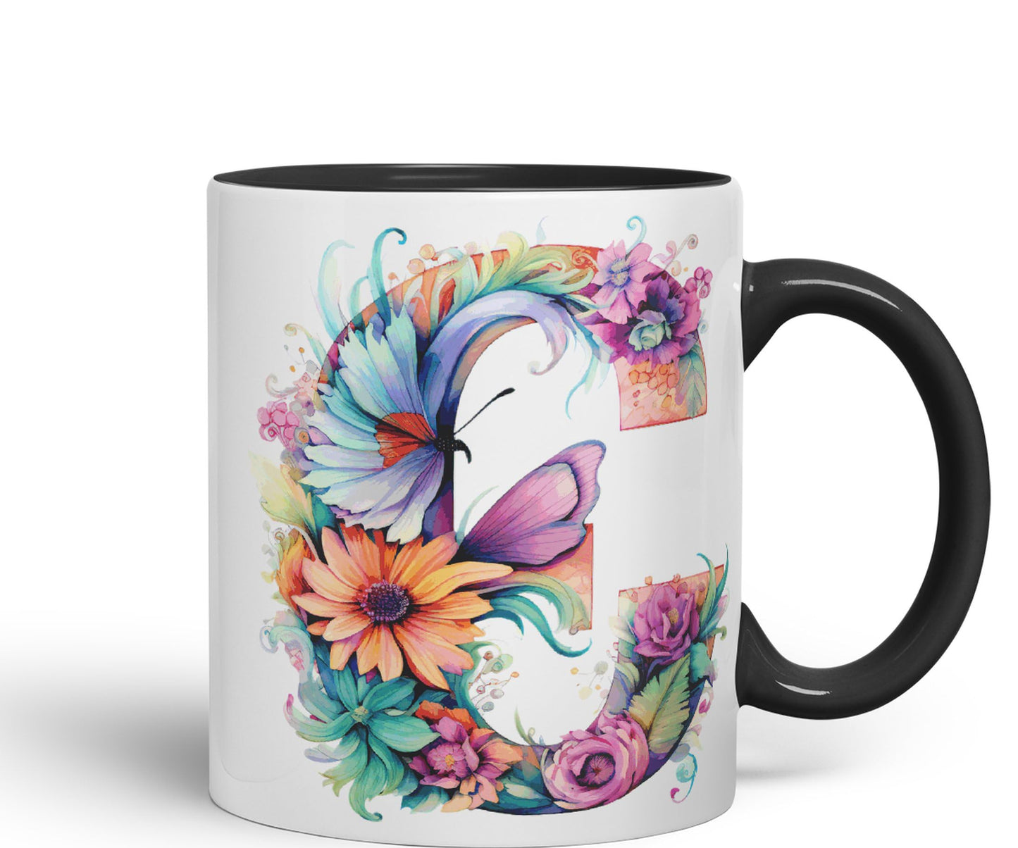 Letter C mug, Floral flowers butterfly Alphabet Letter C Monogram watercolour Ceramic Coloured Mug Cup for Tea Coffee Hot brew 330ml 11Oz Gift
