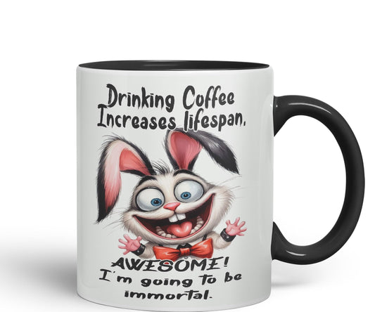 Drinking Coffee Increases lifespan Awesome! I'm Going to be Immortal, Rabbit Hare Joke sarkasm Sarcastic Ceramic Coloured Mug Cup for Tea Coffee Hot Brew 330ml 11Oz Gift