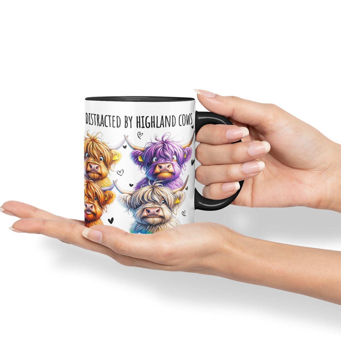 Easily Distracted by Highland Cows Scottish Farm Animals Ceramic Coloured Mug Cup for Tea Coffee Hot Brew 330ml 11Oz Gift