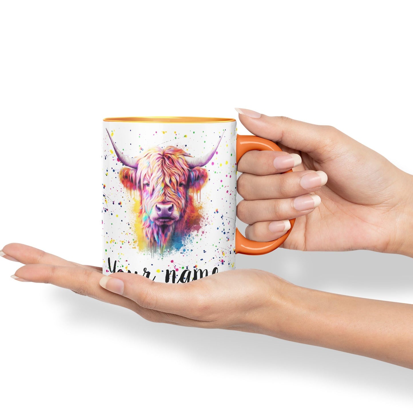 Personalised mug with Your Text name Highland Scottish Cow farm animals Watercolour Art Coloured Ceramic Mug Cup Gift 330ml 11oz Custom Work Office Tea Coffee HC4