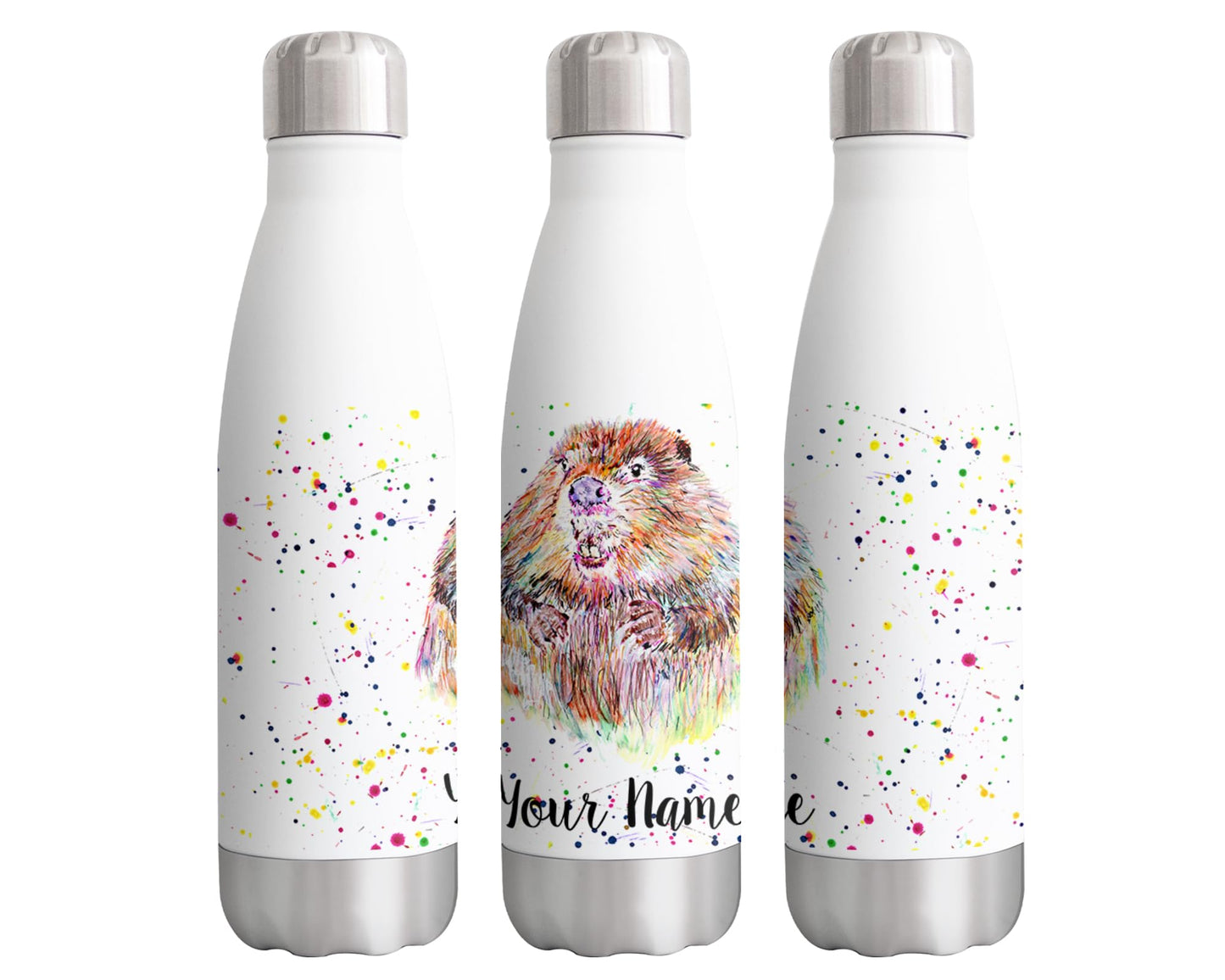 Vixar Beaver Personalised Custom Bottle with your Text/name Watercolour Animals Bottle Double Wall Insulated Stainless Steel Sport Drinks 500ml