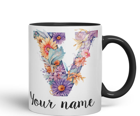 Personalised Letter V mug, Customized Custom Floral flowers butterfly Alphabet Letter V Monogram watercolour Ceramic Coloured Mug Cup for Tea Coffee Hot brew 330ml 11Oz Gift