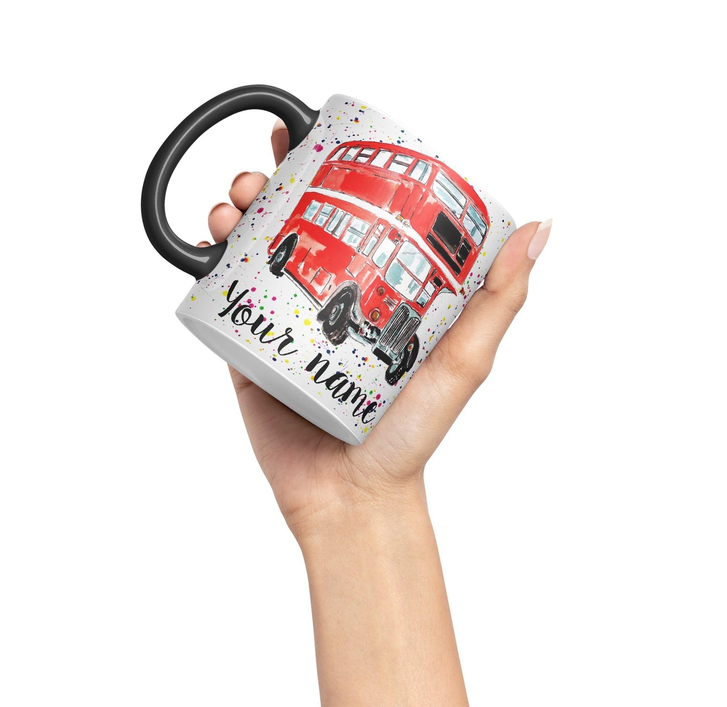 Vixar Personalised with Your Text Red Bus Classic London Busses Watercolour Art Coloured Ceramic Mug Cup Gift 330ml 11oz Custom Work Office Tea Coffe