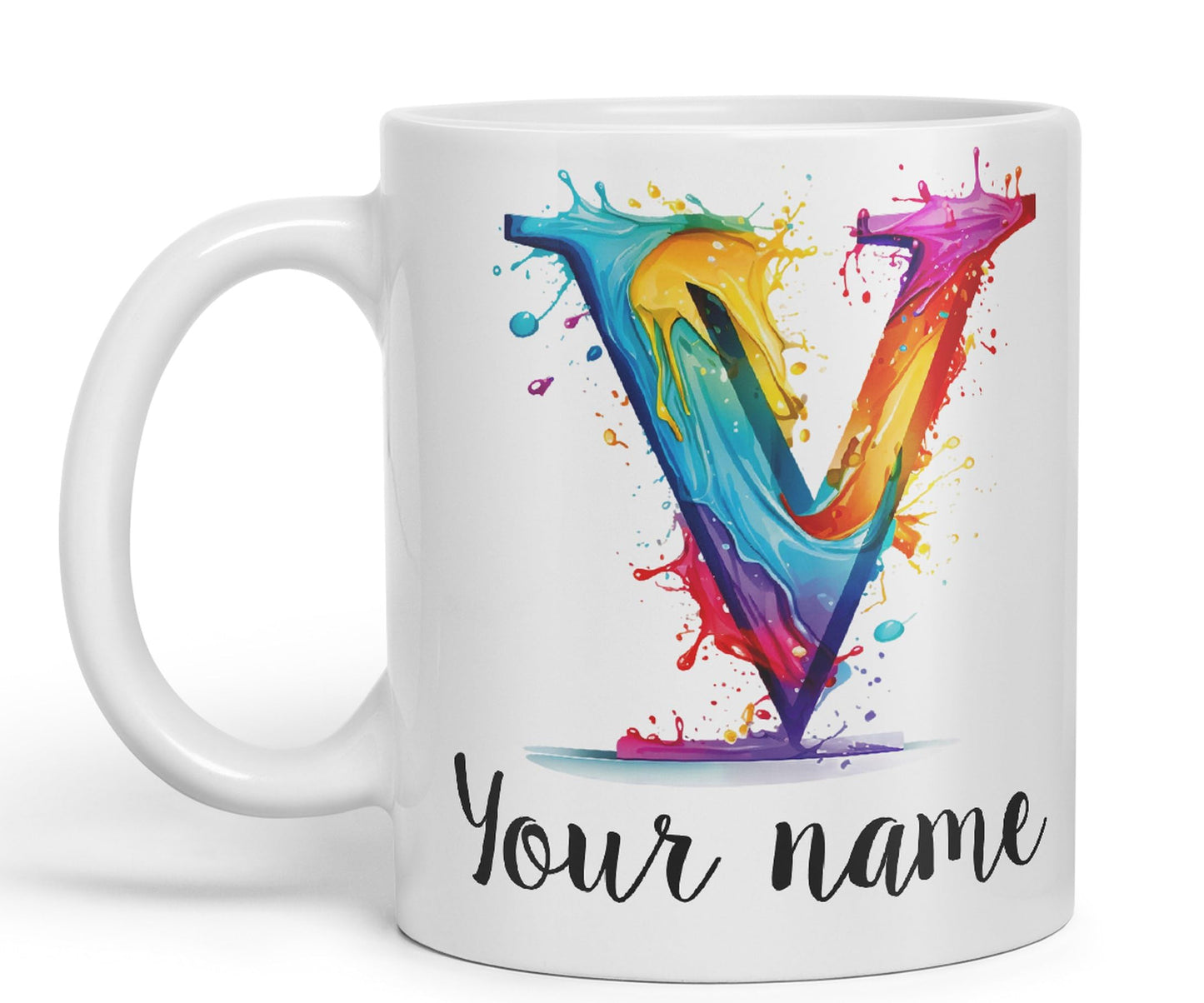 Personalised Letter V mug, Alphabet cusomized custom Letter V Monogram watercolour Ceramic Coloured Mug Cup for Tea Coffee Hot brew 330ml 11Oz Gift