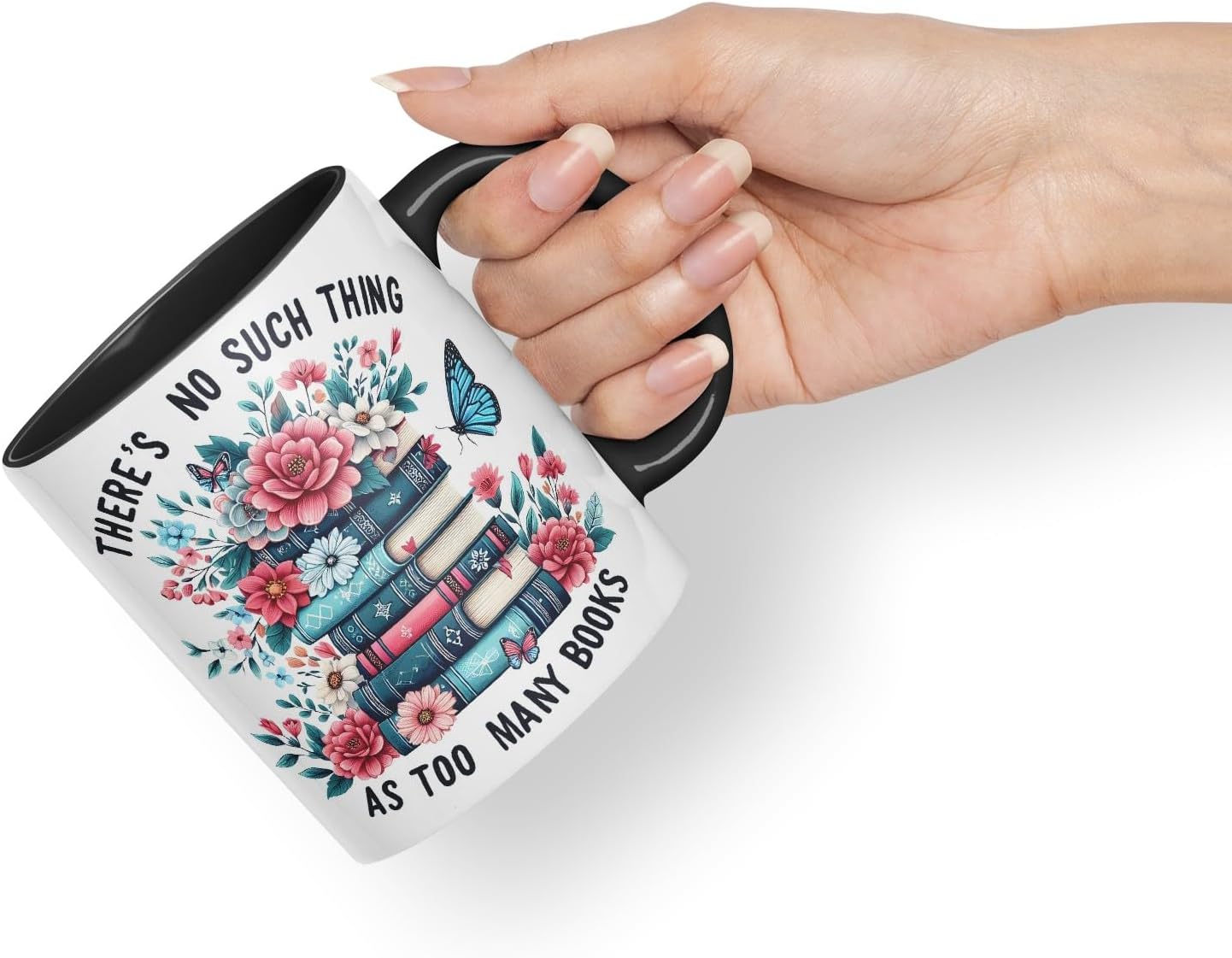 Vixar There's No Such Thing As Too Many Books Coloured Ceramic Mug Cup Gift, 11oz (Black)