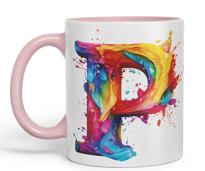 Letter P mug, Alphabet Letter P Monogram watercolour Ceramic Coloured Mug Cup for Tea Coffee Hot brew 330ml 11Oz Gift
