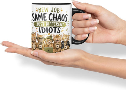 Vixar New Job, Same Chaos, Just Different Idiots Mug – Funny Coworker Leaving Colleague Goodbye Gift, 11oz (Black)