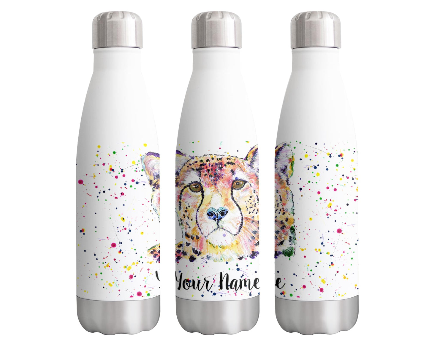 Vixar Cheetah Personalised Custom Bottle with your Text/name Big Cat safari Animals Watercolour Art animals Bottle double Wall insulated Stainless steel sport Drinks 500ml