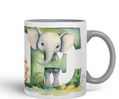Letter E mug, Animals Alphabet Letter E Monogram animal for kids Ceramic Coloured Mug Cup for Tea Coffee Hot brew 330ml 11Oz Gift