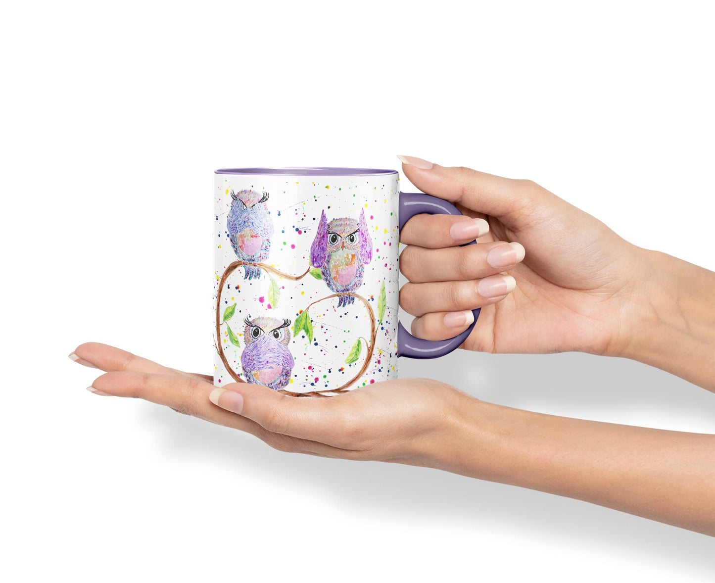 Vixar Owl Owls See Hear Speak no Evil Bird Animals Watercolour Art Coloured Mug Cup Gift Birthday Work Office Tea Coffee
