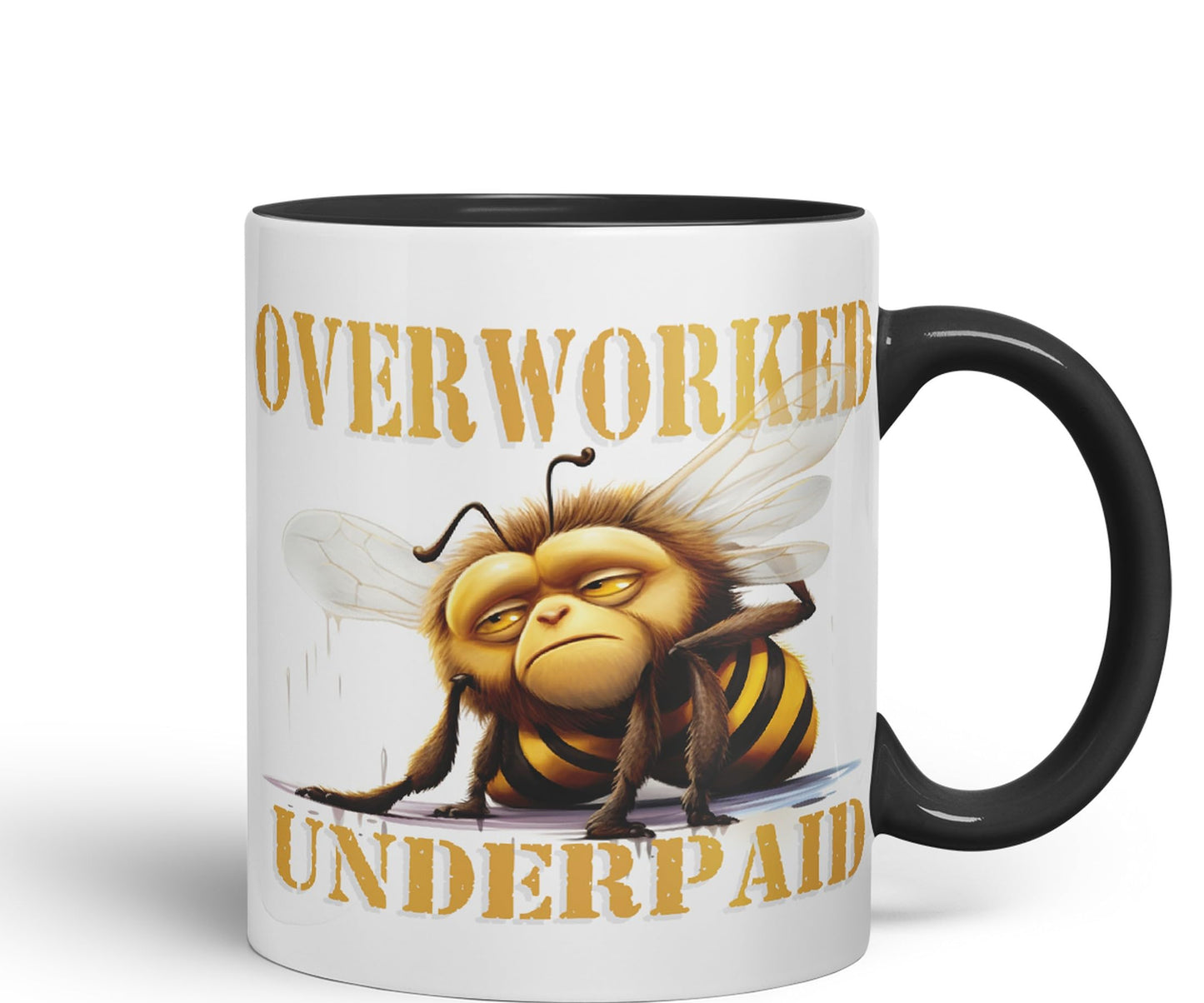 Overworked Underpaid bee Work Joke sarkasm Sarcastic Ceramic Coloured Mug Cup for Tea Coffee Hot Brew 330ml 11Oz Gift