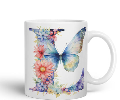 Letter L mug, Floral flowers butterfly Alphabet Letter L Monogram watercolour Ceramic Coloured Mug Cup for Tea Coffee Hot brew 330ml 11Oz Gift