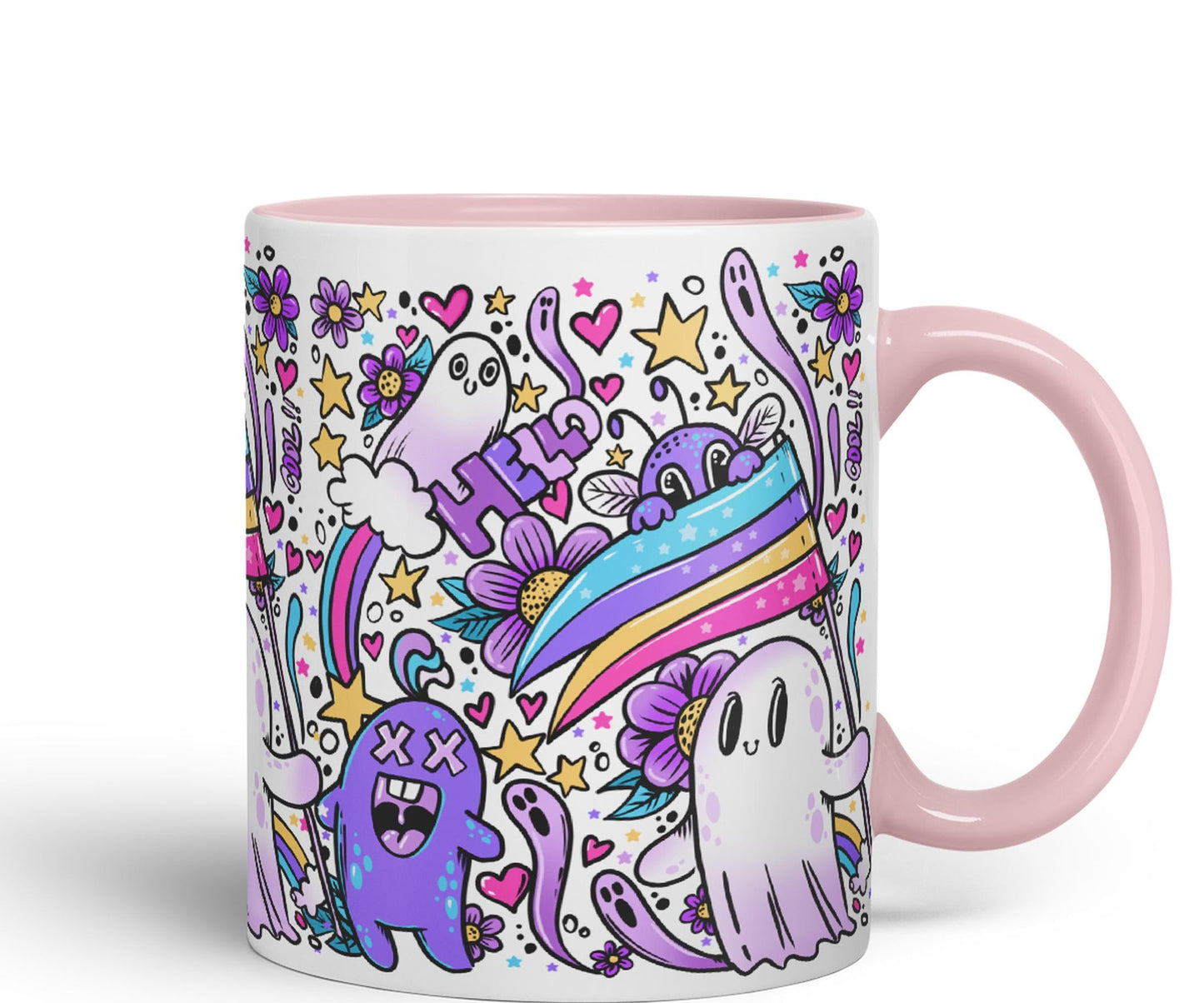 Vixar Hello Cool Kawaii Ghosts Coloured Ceramic Mug Cup Gift 330ml 11oz Work Office Tea Coffee