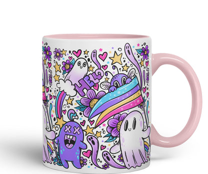 Vixar Hello Cool Kawaii Ghosts Coloured Ceramic Mug Cup Gift 330ml 11oz Work Office Tea Coffee
